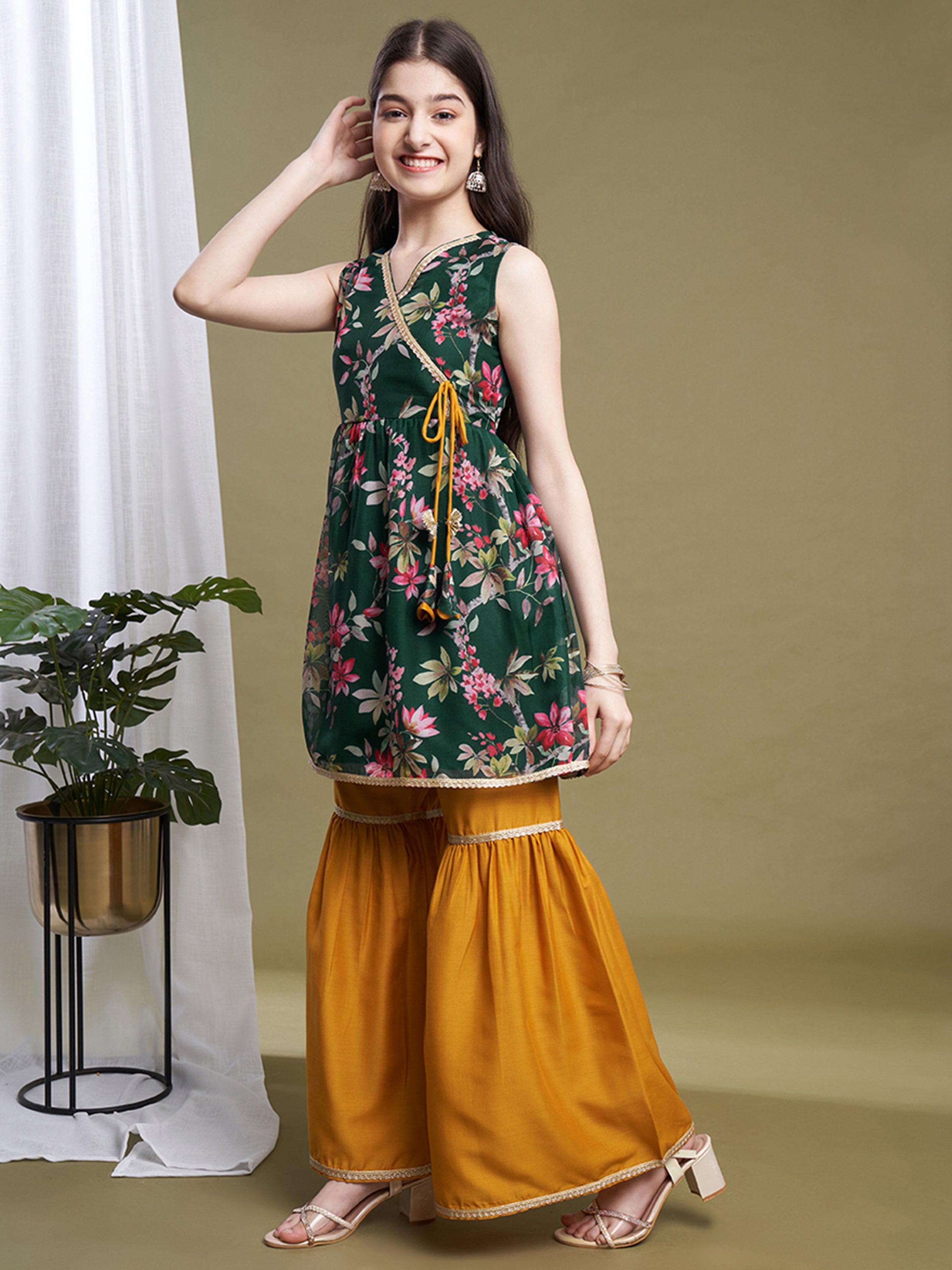 Girls Green-Mustard Organza Printed Kurta Sharara Set