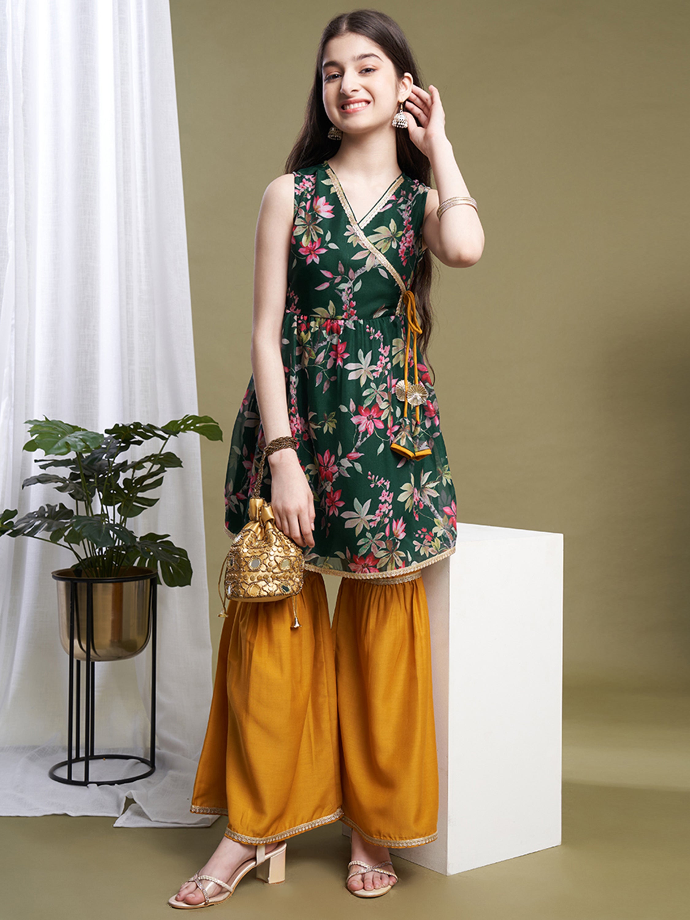 Girls Green-Mustard Organza Printed Kurta Sharara Set