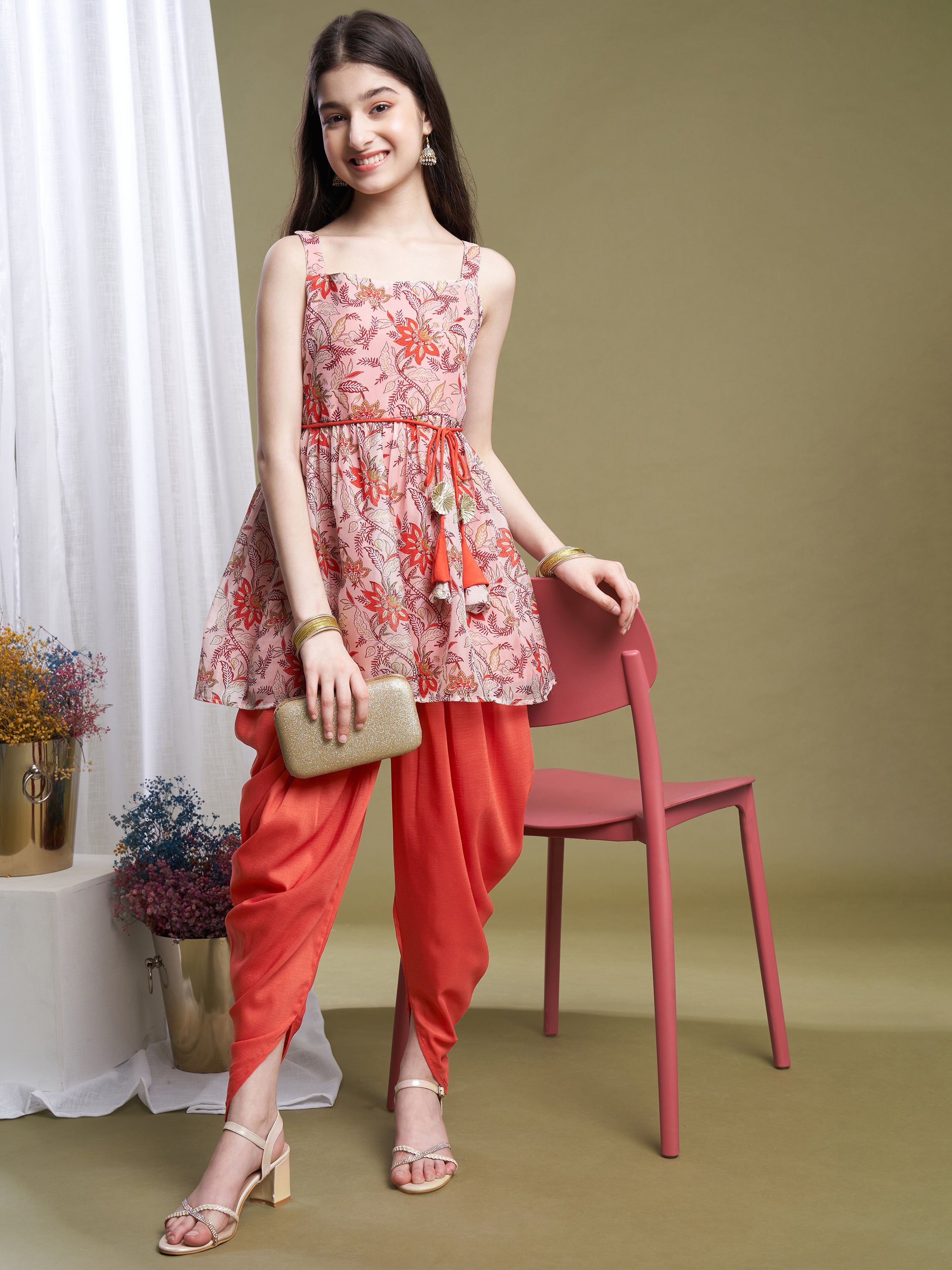 Girls Peach Chinon Printed Kurta Dhoti Set