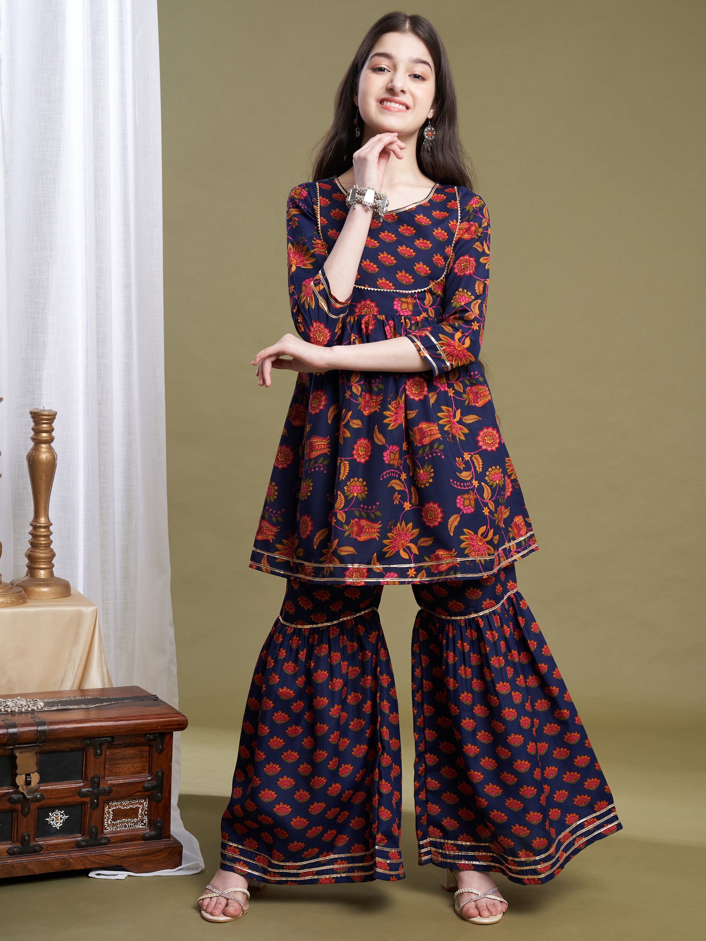 Girls Navy Blue Poly Cotton Printed Kurta Sharara Set