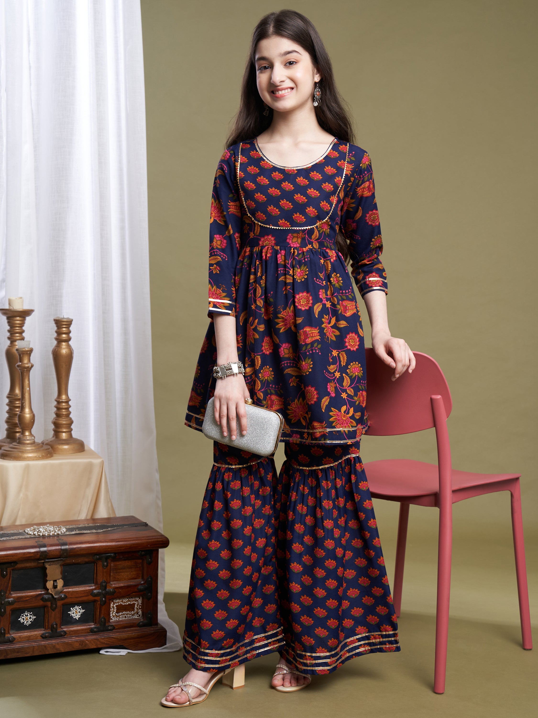 Girls Navy Blue Poly Cotton Printed Kurta Sharara Set