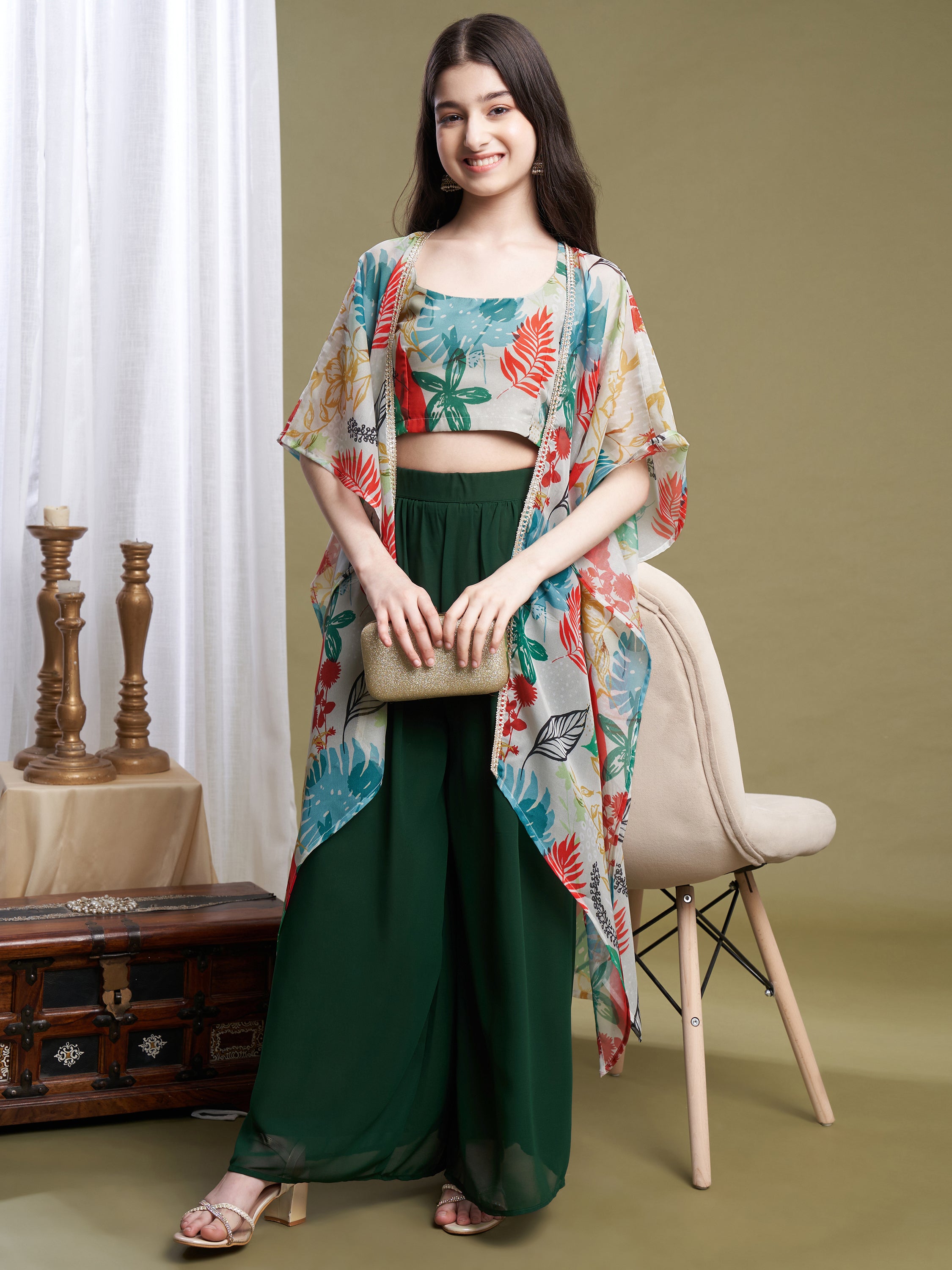 Girls Green Georgette Printed Top-Plaza & Shrug Set