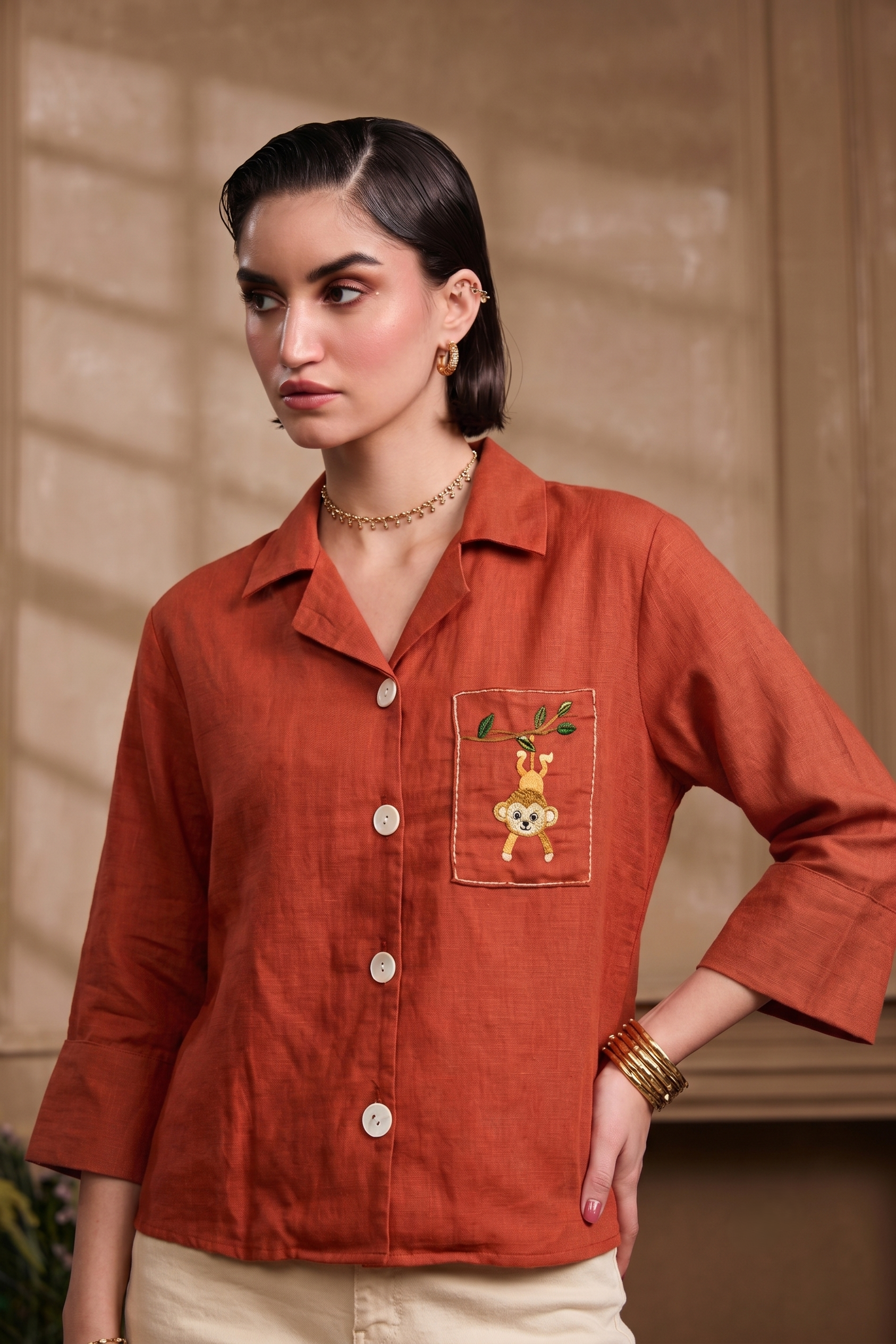 Orange Cotton Embroidered Casual Button-Down Shirt For Women