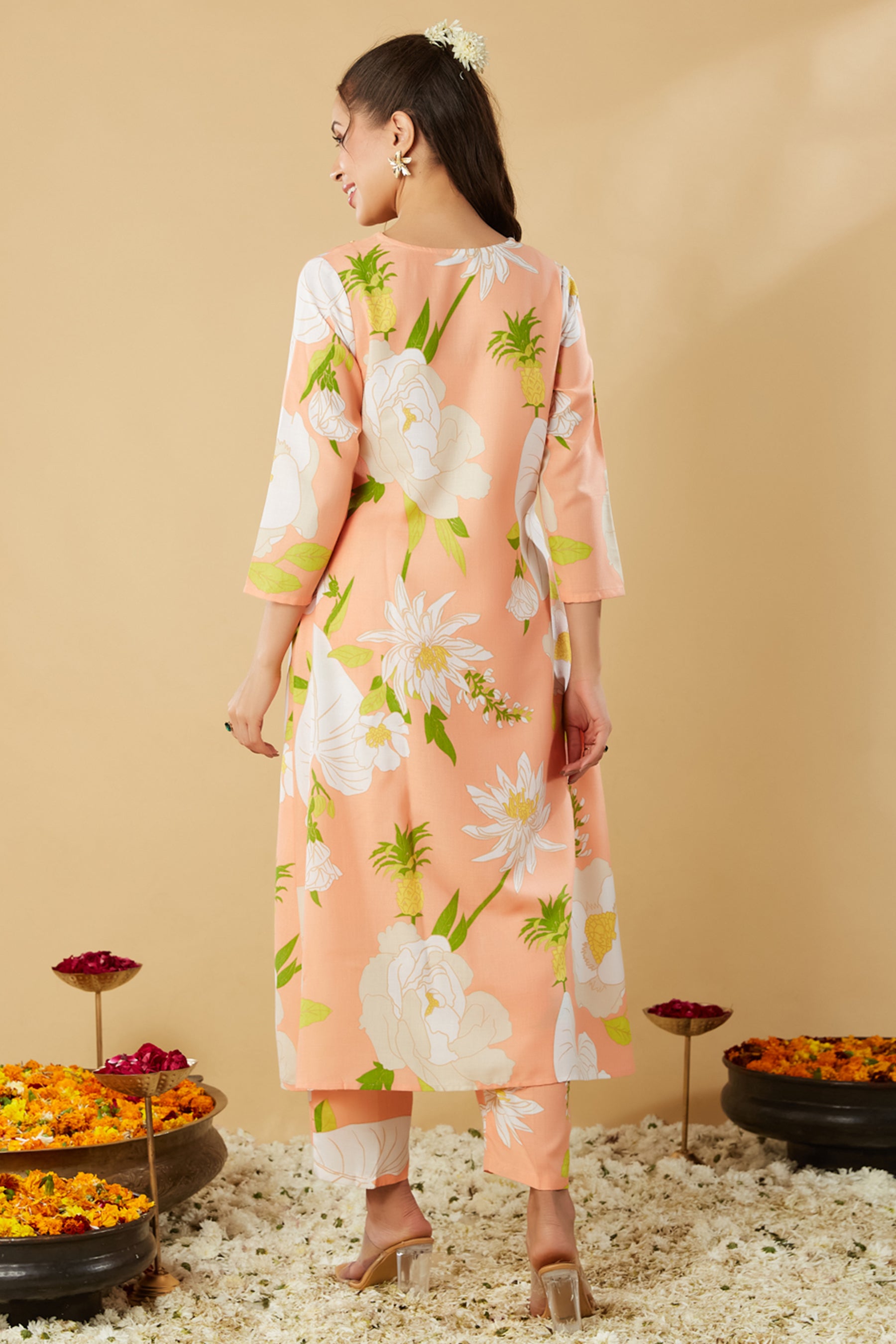 Peach Printed Cotton Ethnic Co-Ords