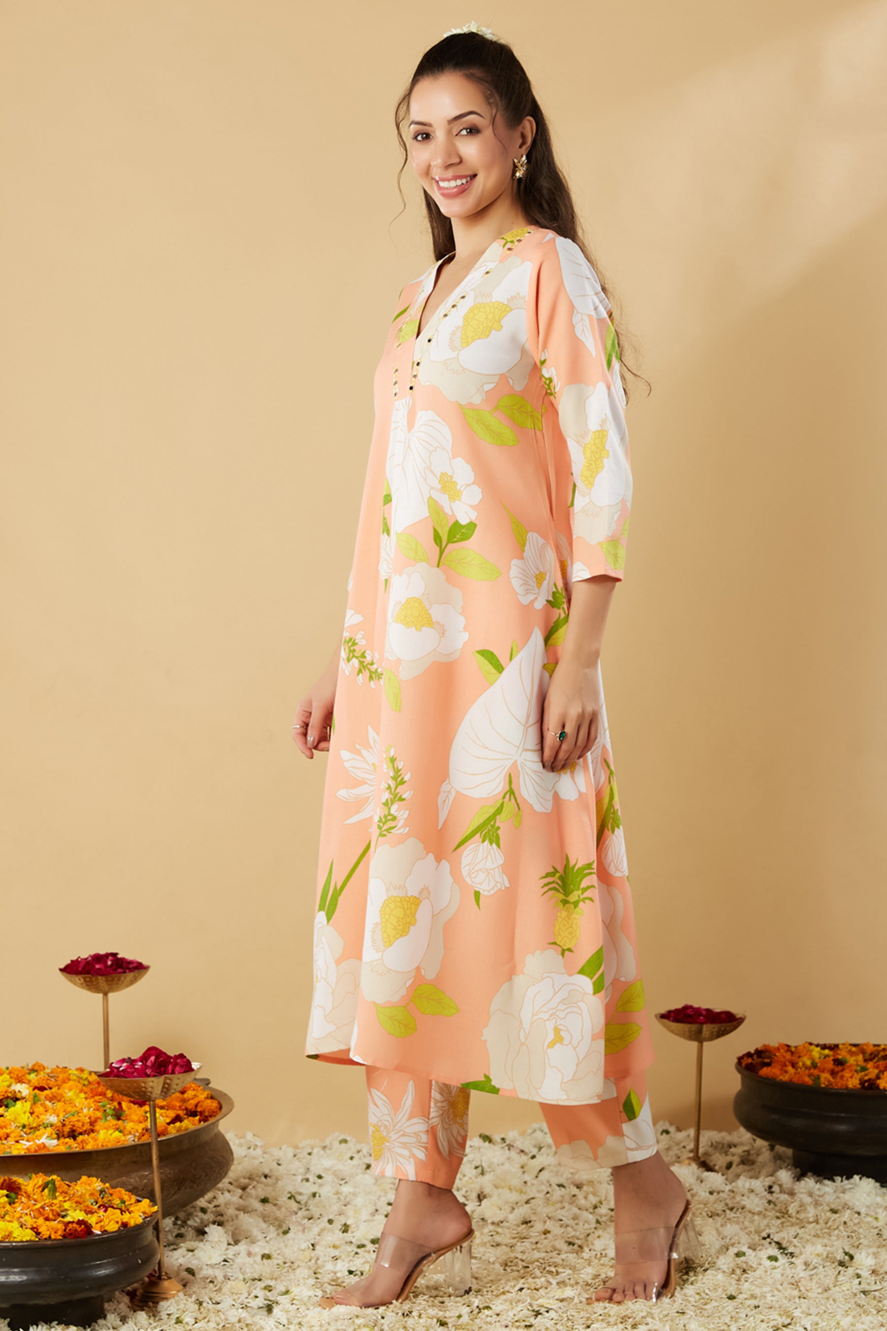 Peach Printed Cotton Ethnic Co-Ords