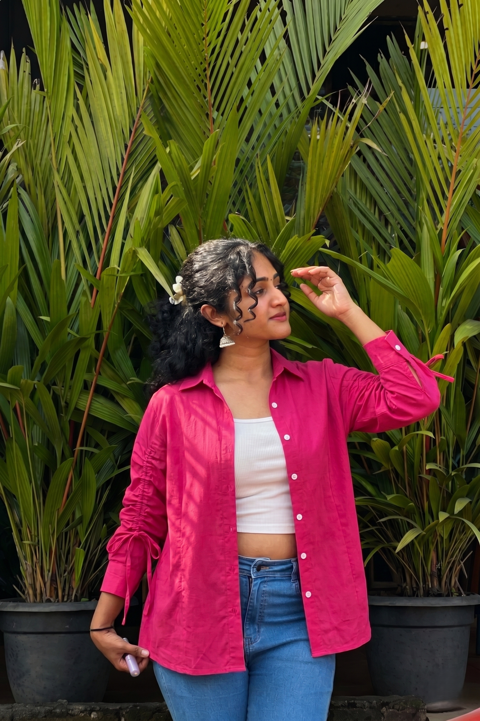 Pink Stylish Button-Down Shirt with Ruched Sleeves For Women