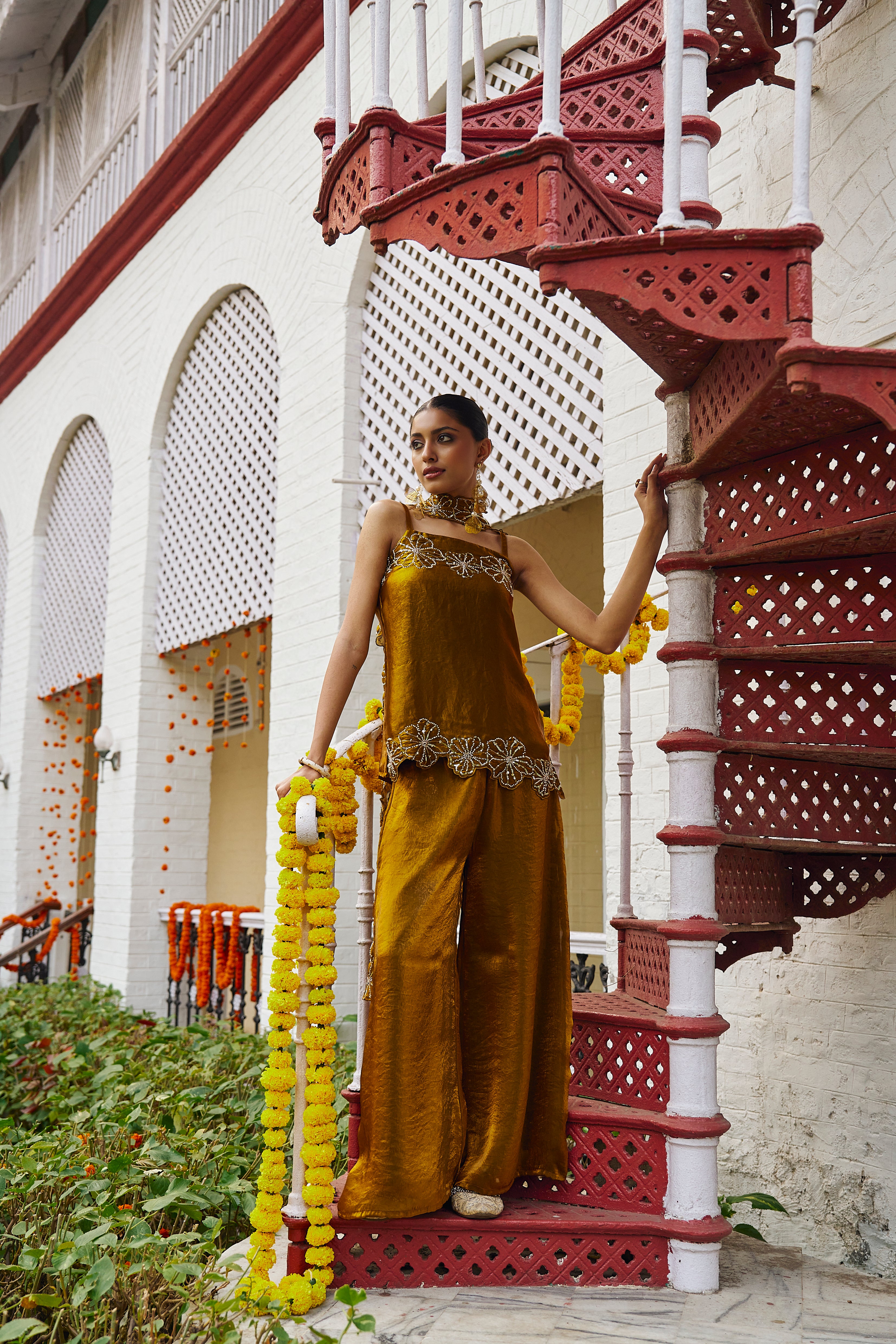 Golden Silk Embroidered Crop Top & Flowy Pants Ensemble for women