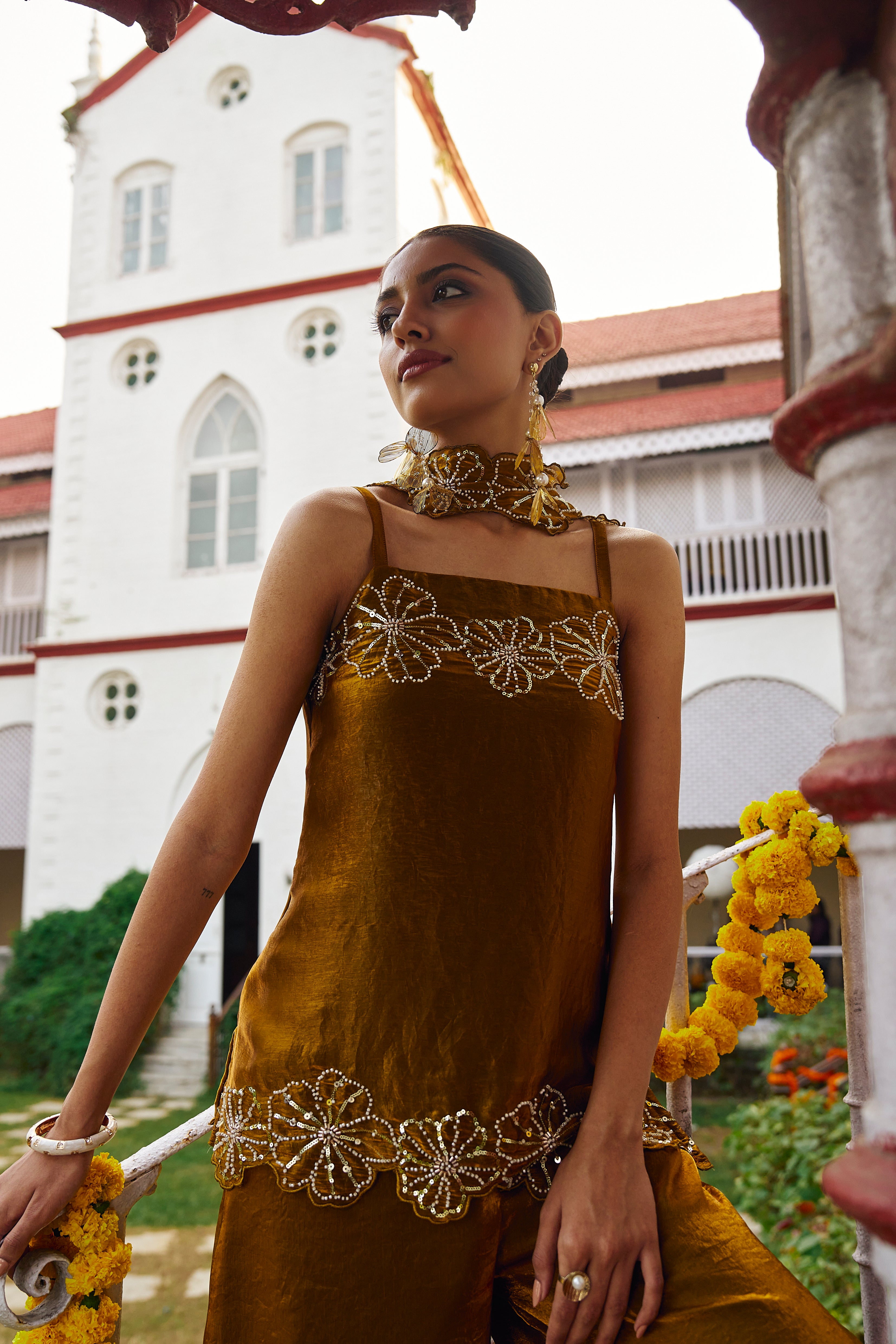 Golden Silk Embroidered Crop Top & Flowy Pants Ensemble for women
