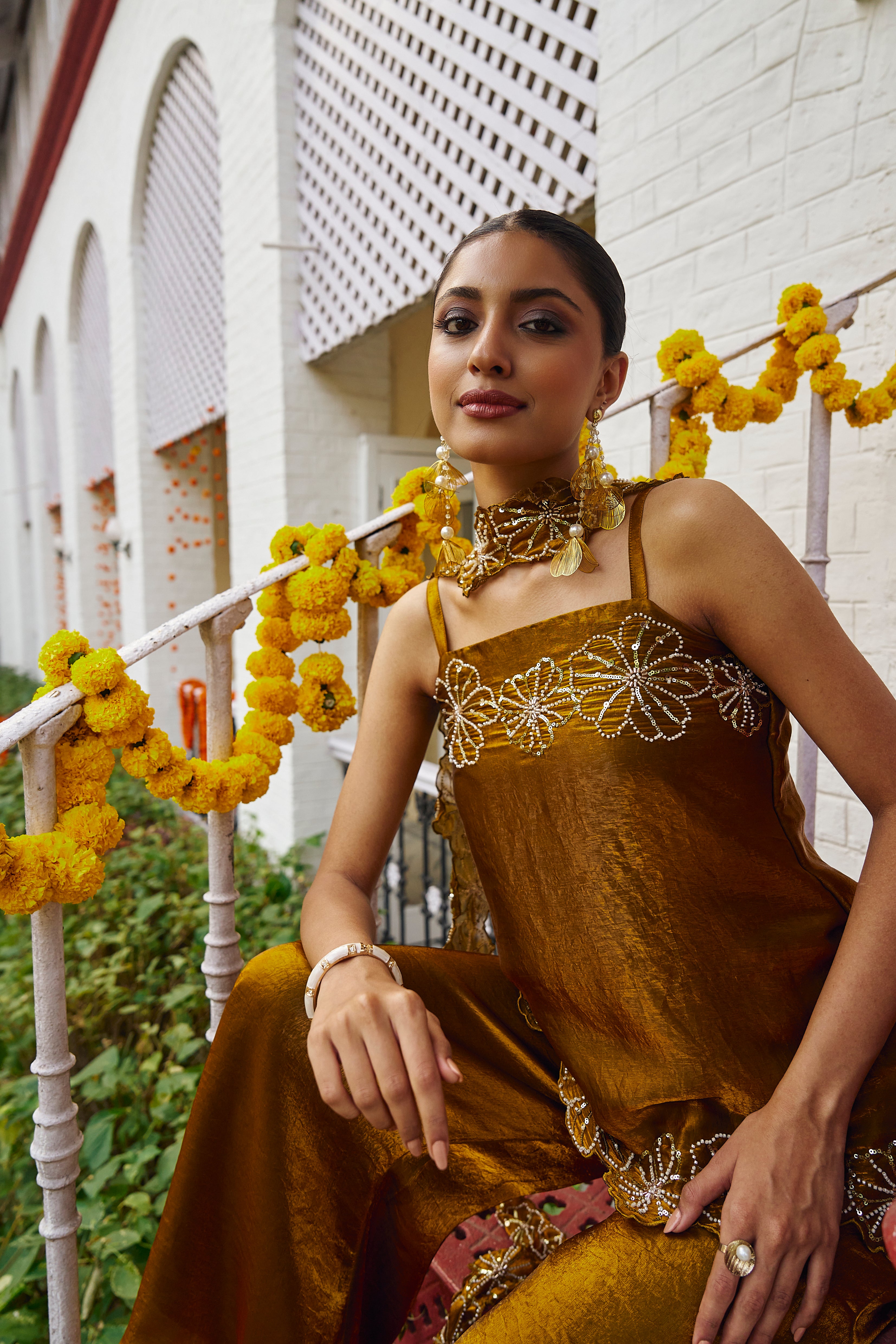 Golden Silk Embroidered Crop Top & Flowy Pants Ensemble for women