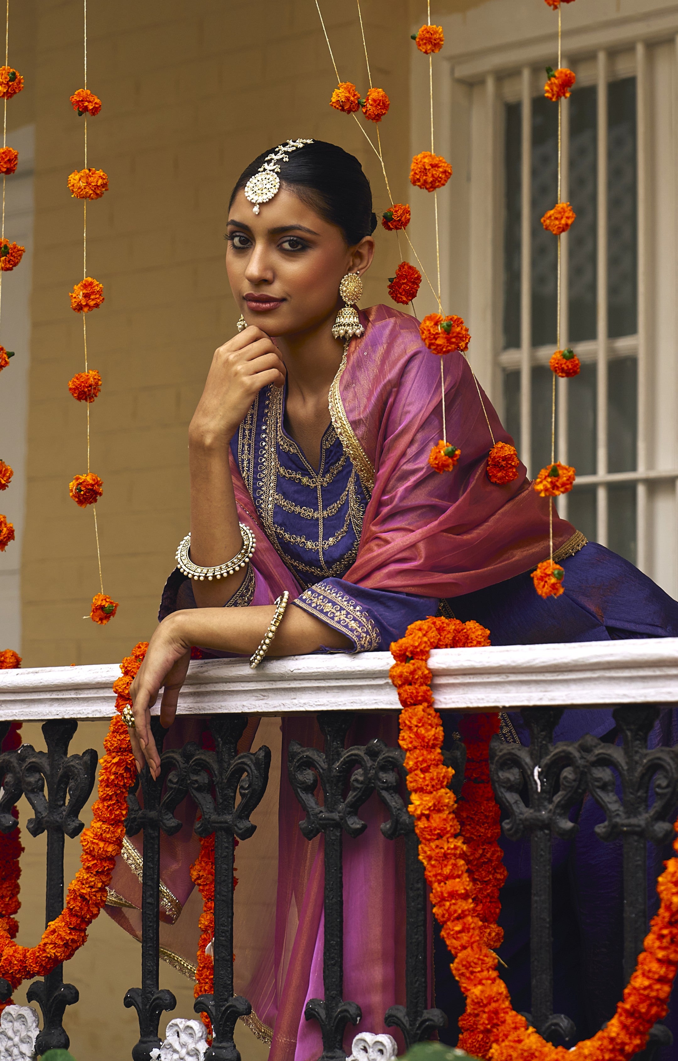 Violet Silk Embroidered Top Sharara Set with Dupatta
