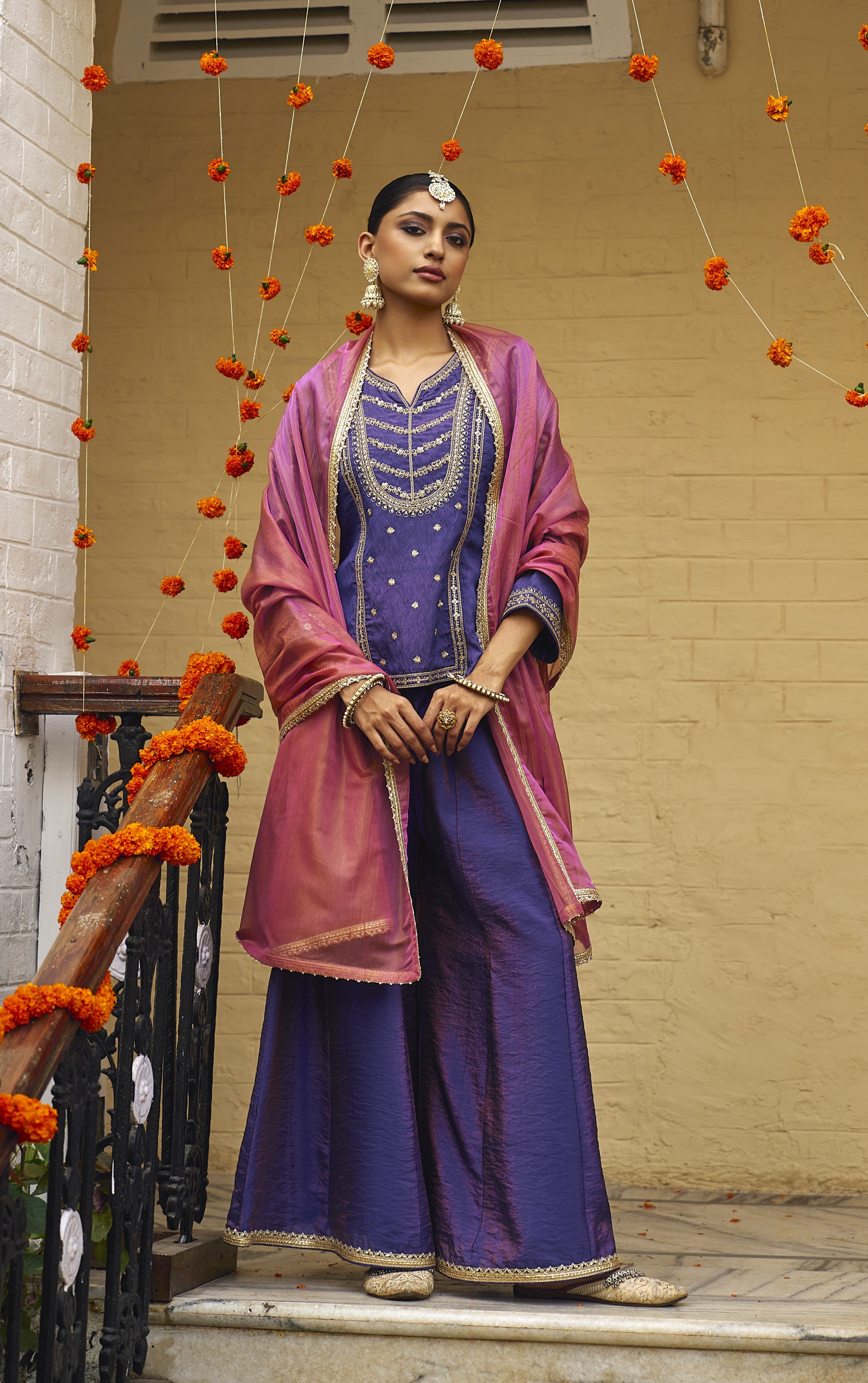 Violet Silk Embroidered Top Sharara Set with Dupatta