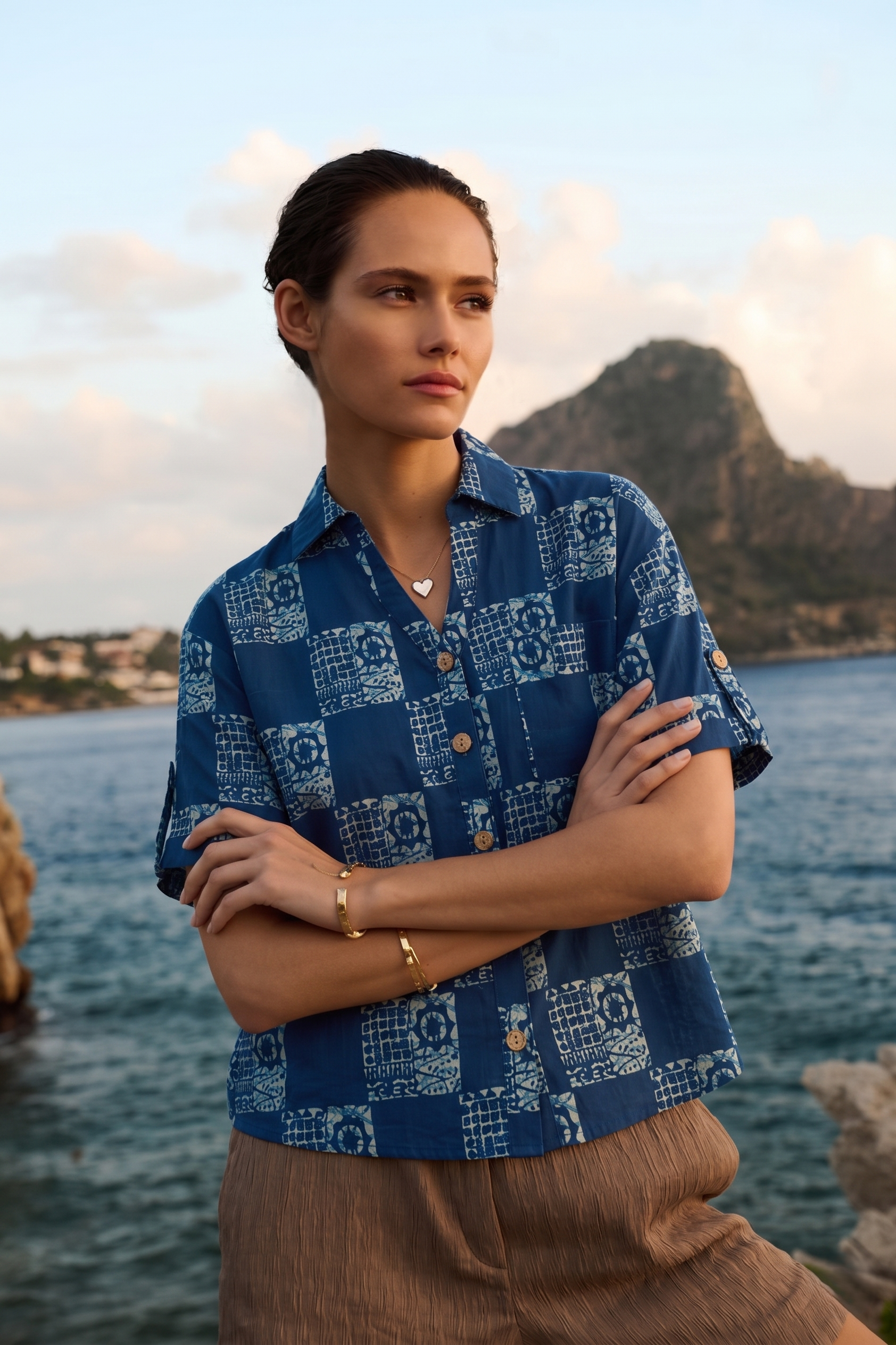 Indigo Cotton Casual Printed Shirt for Women