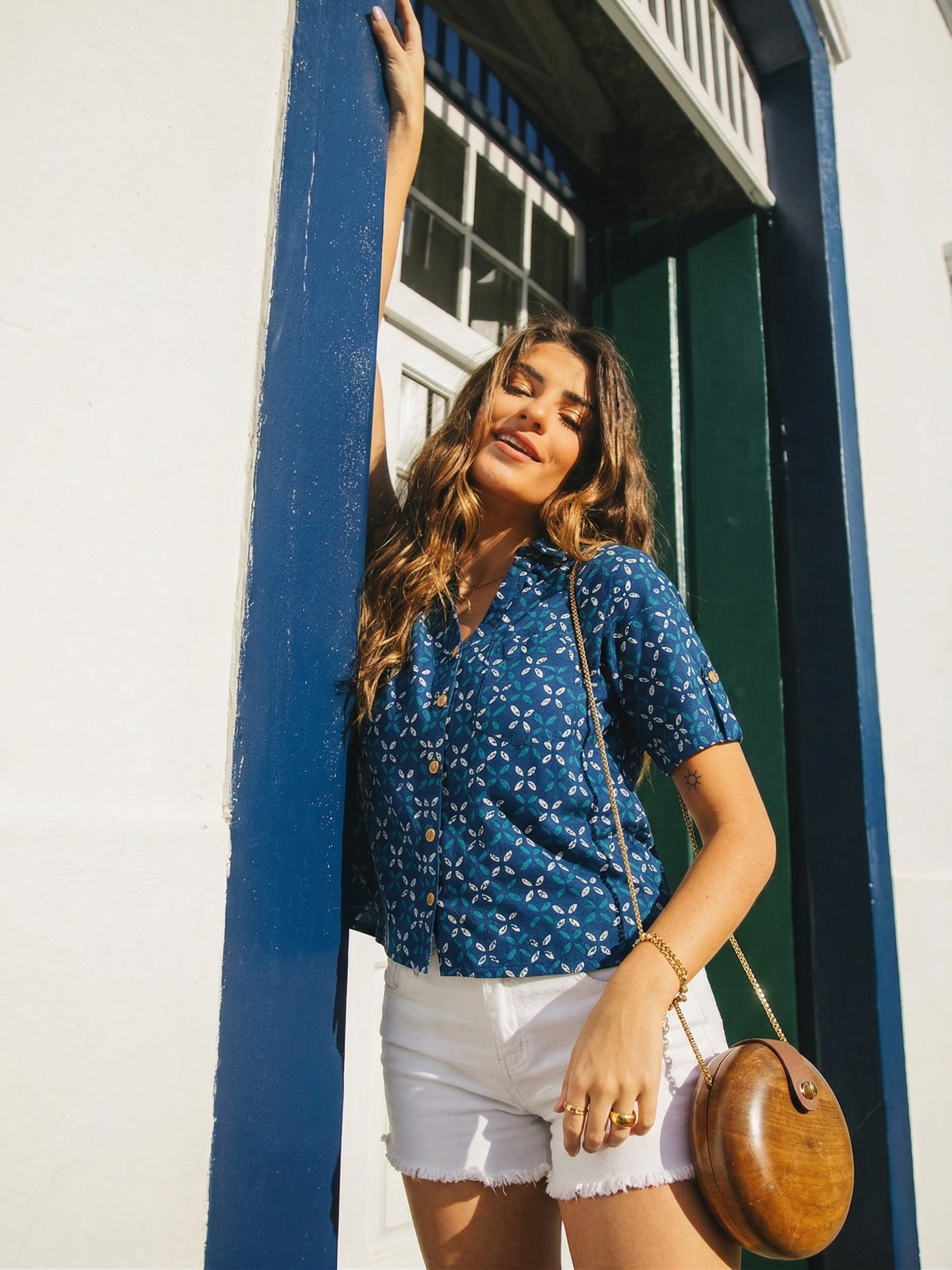 Women’s Indigo Cotton Half Sleeve Printed Shirt